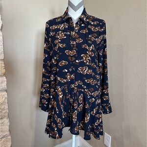 ENTRO Navy Micro-Mini button down dress with brown and tan flowers, EUC!